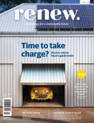 Front cover of issue 148 of Renew magazine. Photograph of a yellow electric vehicle emerging from a garden.